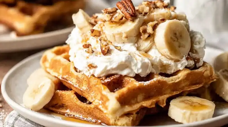 Crispy homemade banana waffles served on a white plate with chopped pecans and syrup drizzle