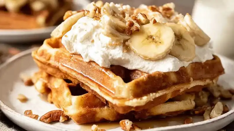 Banana_Pecan_Waffles_2_result Stack of golden banana pecan waffles topped with whipped cream, bananas, and maple syrup