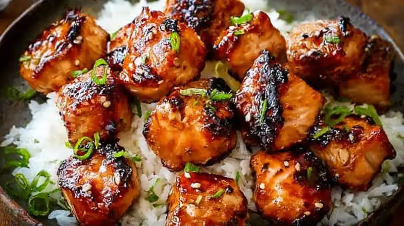 Bang_Bang_Salmon_Bites_1_result Crispy salmon bites coated in creamy bang bang sauce on a white plate