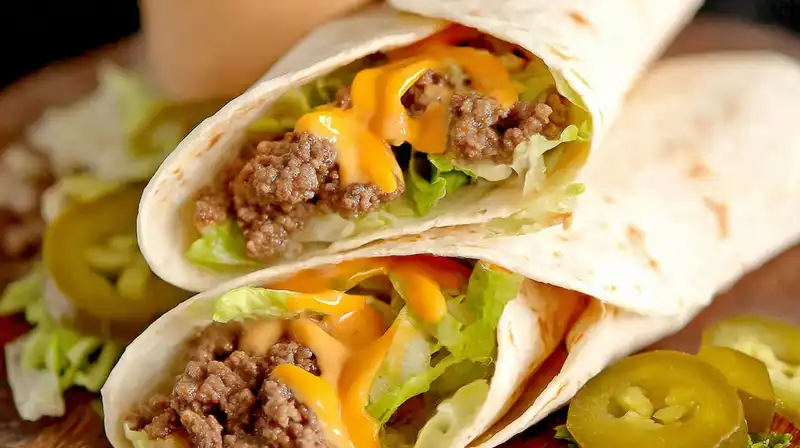 Big Mac wraps cut in half and stacked on a white plate with melted cheese and pickles inside