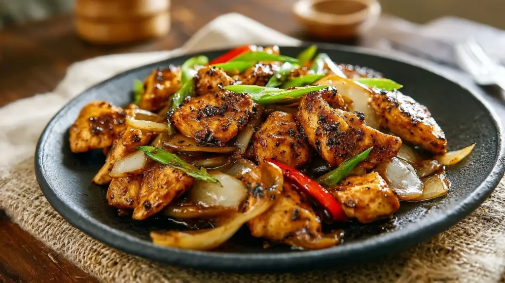 A glossy bowl of homemade Black Pepper Chicken, featuring tender chicken, celery, and onions in a rich, dark sauce.