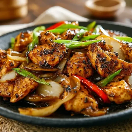 A glossy bowl of homemade Black Pepper Chicken, featuring tender chicken, celery, and onions in a rich, dark sauce.