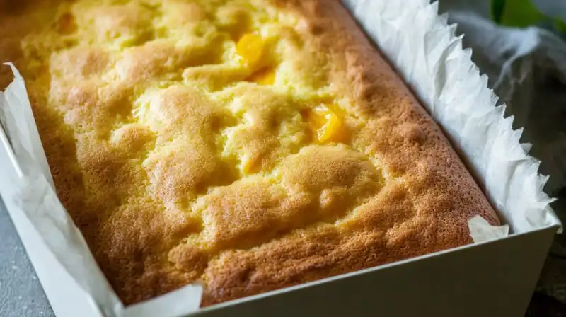 Brown_Sugar_Peach_Cake_0_result Folding fresh, diced yellow peaches into a thick, creamy cake batter in a glass mixing bowl for a brown sugar peach cake.