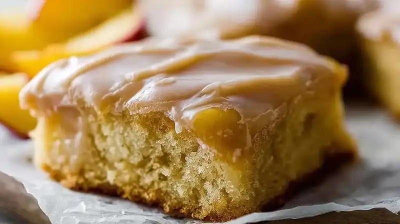 A whole brown sugar peach cake just out of the oven, featuring a golden-brown caramelized top and fresh peach slices for decoration.