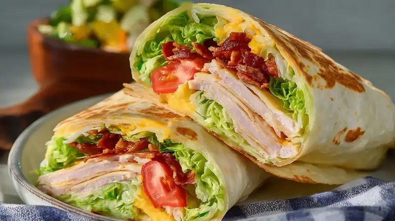 Healthy California Turkey Club Wraps packed with colorful layers of cheese, greens, and turkey.