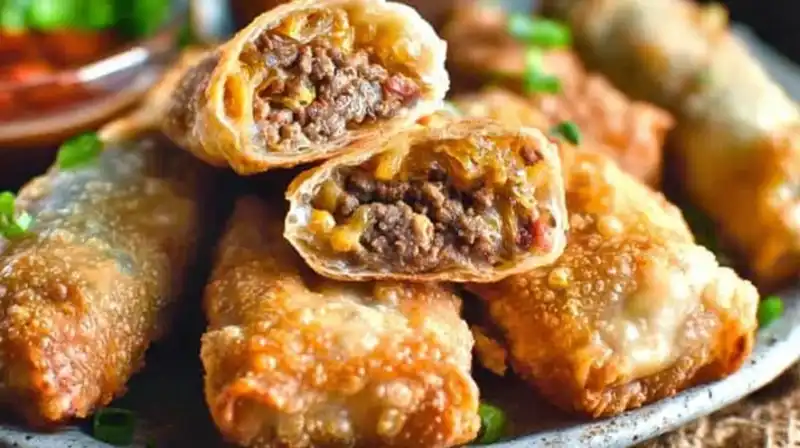 Close-up of cheeseburger egg roll cut in half revealing melty cheese and beef filling