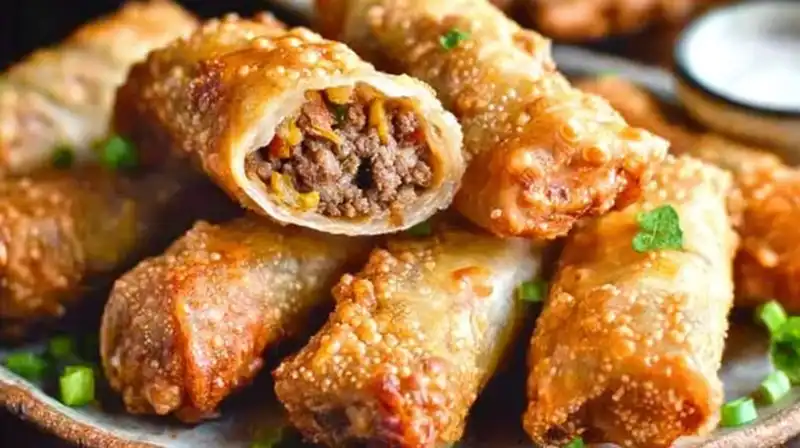 Cheeseburger_Egg_Rolls_2_result Golden crispy cheeseburger egg rolls stacked on a plate with dipping sauce