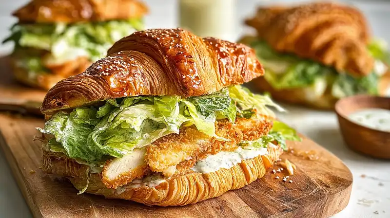 Chicken_Caesar_Croissant_2_result Chicken Caesar Croissant Sandwich stacked with avocado and lettuce on a wooden board