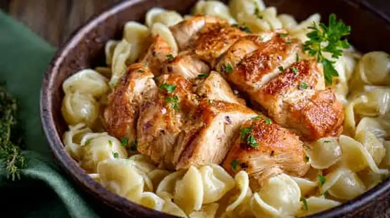 A white bowl filled with creamy chicken with buttered noodles, garnished with fresh parsley and grated Parmesan cheese.