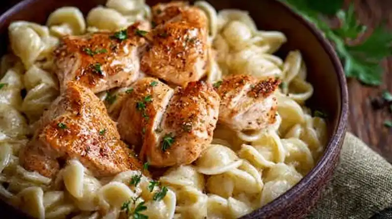 Chicken_with_Buttered_2_result Close-up of juicy chicken and buttered egg noodles coated in a rich garlic butter pan sauce, ready to serve.
