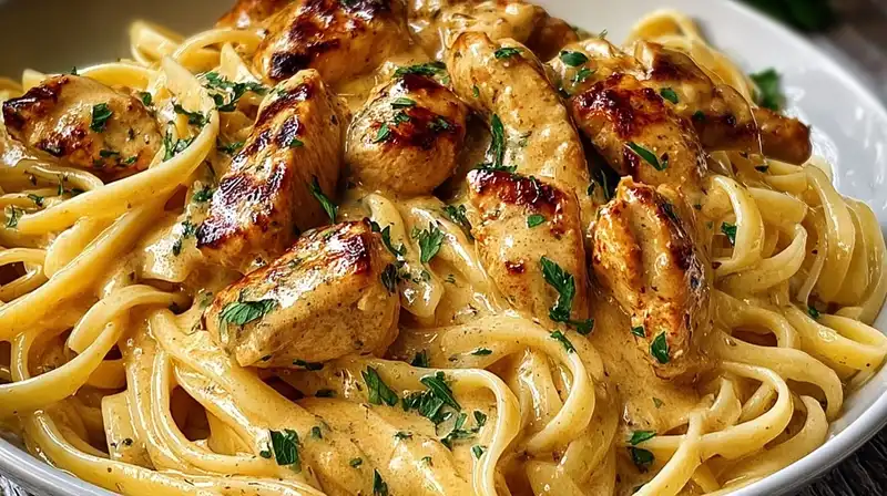 Cowboy Butter Chicken Linguine served in a white pasta bowl with lemon garnish
