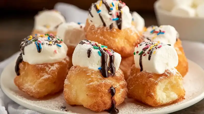Deep_Fried_Marshmallows_2_result Crispy marshmallows topped with whipped cream, chocolate drizzle, and colorful sprinkles.