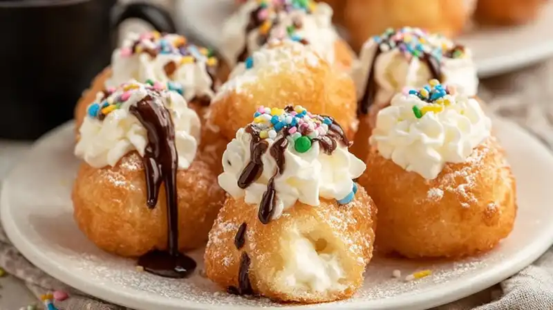 Golden brown deep fried marshmallows stacked on a dessert plate with powdered sugar.
