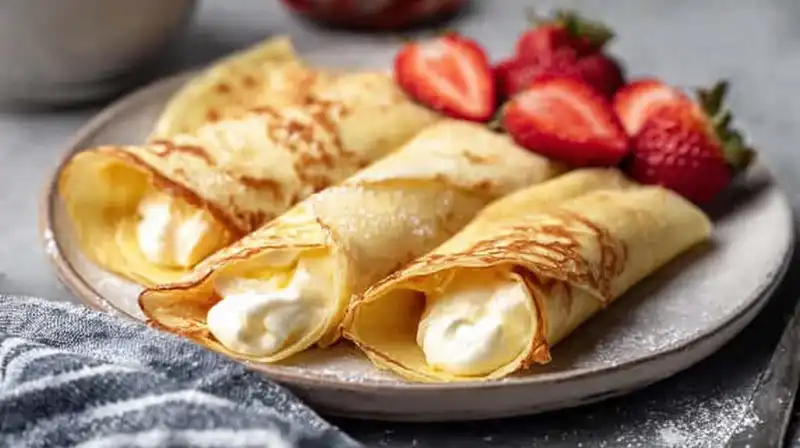 Easy French crepes stacked with powdered sugar and berries
