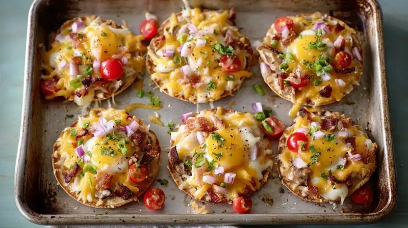 English_Muffin_Breakfast_1_result English muffin breakfast pizzas topped with melted cheese and ham on a tray