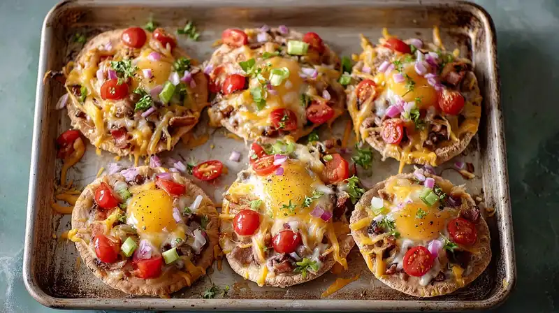 Golden-baked English muffin pizzas ready to serve for breakfast