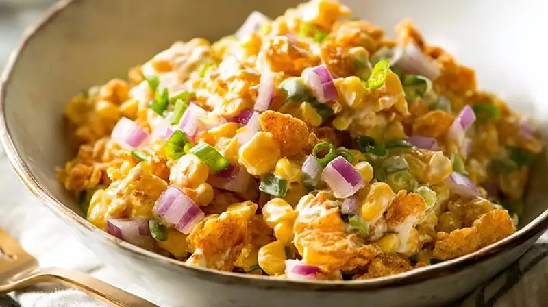 Colorful Frito Corn Salad served in a white bowl with Fritos on the side