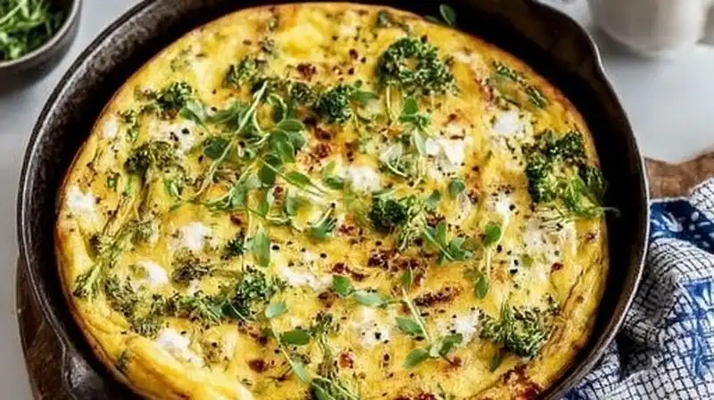 Golden frittata with vegetables and feta cheese cut into slices