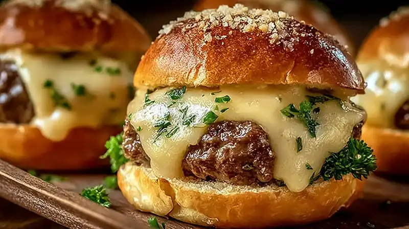 Garlic parmesan cheeseburgers fresh out of the oven, golden and cheesy.