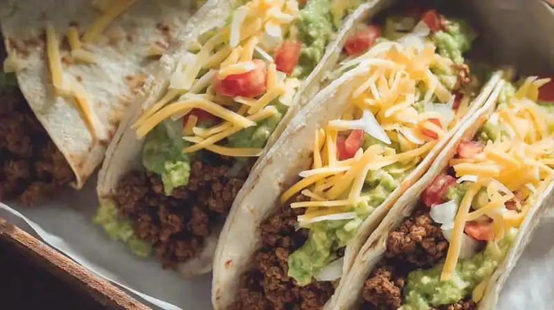 Ground_Beef_Tacos_Recipe_2_result Ground beef tacos stacked on a wooden plate with fresh toppings and lime wedges