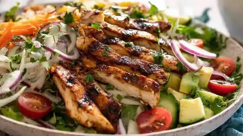 Colorful tropical chicken salad topped with cilantro and coconut rice
