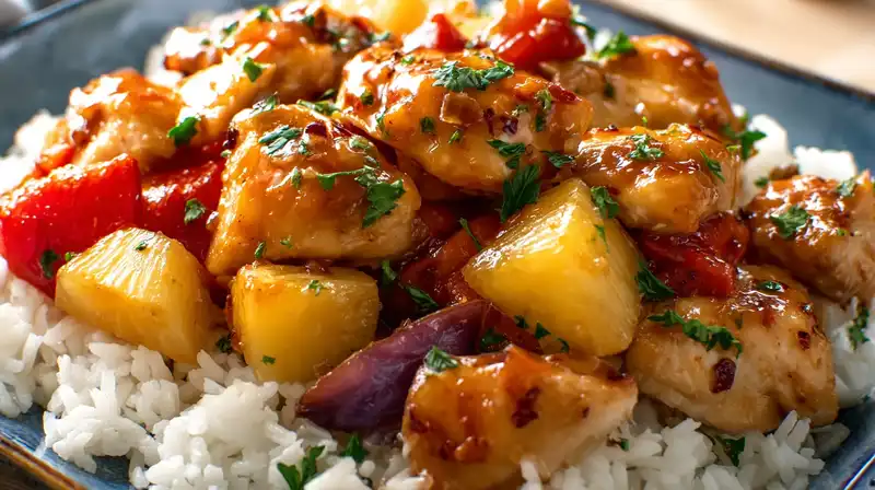 Hawaiian chicken sheet pan with glazed pineapple and peppers on rice