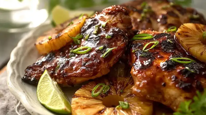 Charred Hawaiian Huli Huli Chicken thighs with glistening glaze and juicy texture.