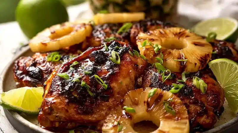 Huli_Chicken_Recipe_2_result Grilled Huli Huli Chicken served with pineapple slices and green onions on a platter.