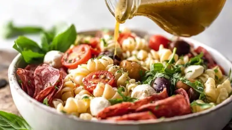 Bowl of Italian Pasta Salad Dressing tossed with zesty homemade dressing and fresh basil