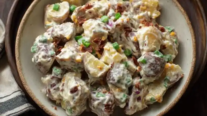 Creamy jalapeno popper potato salad served in a white bowl with crispy topping