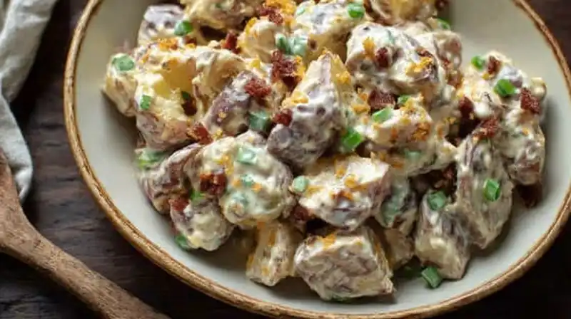 Jalapeno_Popper_Potato_2_result Overhead shot of spicy potato salad garnished with cheddar and jalapeños