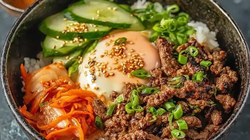Korean_BBQ_Steak_Rice_2_result Close-up of Korean BBQ steak rice bowl with kimchi and sesame drizzle