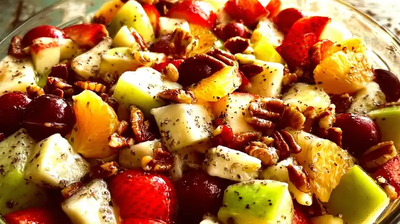 Freshly made layered fruit salad featuring grapes, pineapple, and mint