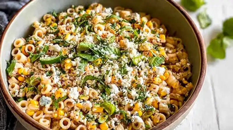 Mexican_Street_Corn_Past_1_result Creamy elote-inspired pasta salad garnished with Tajín and fresh herbs