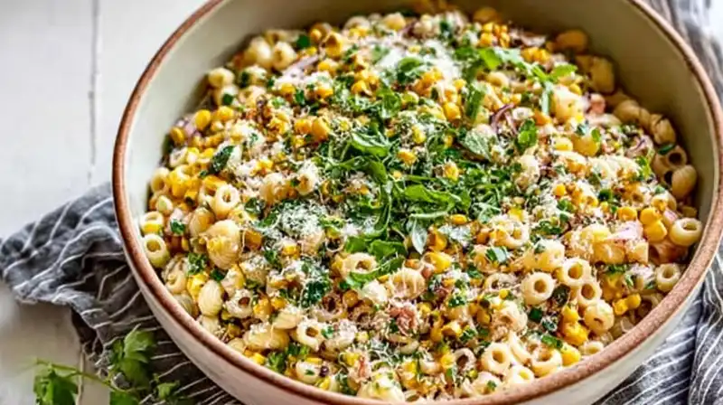 Mexican street corn pasta salad served in a bowl topped with cotija and cilantro