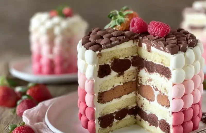 Neapolitan_Cake_Recipes_2_result Three-layer Neapolitan cake sliced with chocolate, vanilla, and strawberry layers