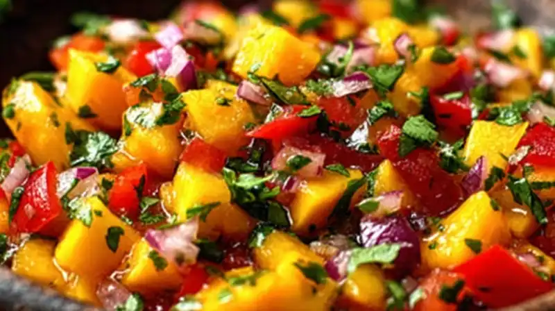 Peach_Salsa_Recipes_1_result Fresh peach salsa in a white bowl with tortilla chips on the side.