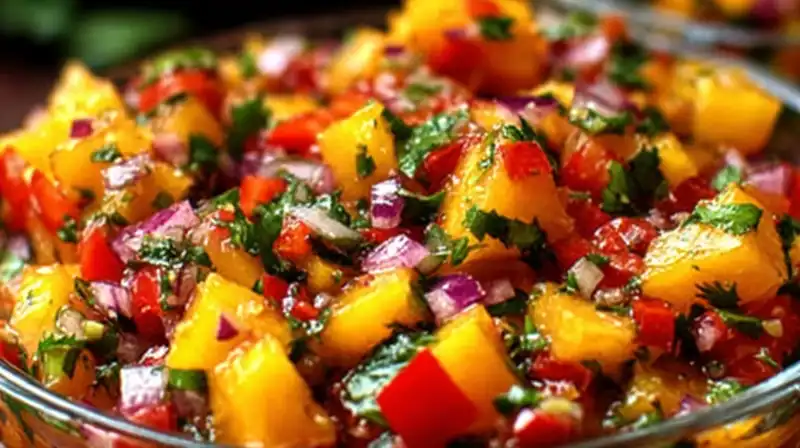 Vibrant summer peach salsa topped with cilantro and lime zest.