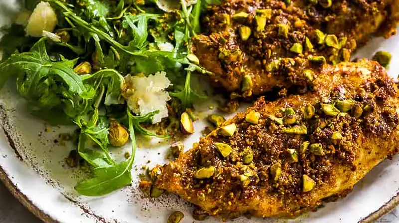 Pistachio_Chicken_Recipe_2_result Golden brown pistachio crusted chicken strips garnished with fresh parsley