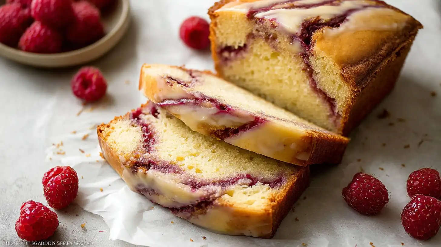Raspberry_Swirl_Cake_2_resultat A whole raspberry swirl cake loaf with a lemon icing drizzle, showing the beautiful pink marbled interior and a slice cut out.