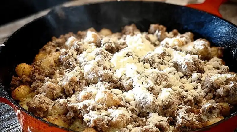Sausage_Gravy_Breakfast_0_result Whisking milk into sausage and flour to create creamy breakfast gravy