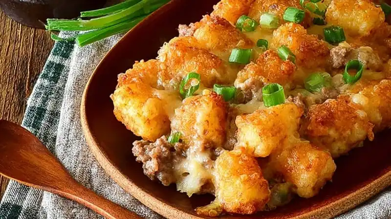 Overhead view of sliced sausage tater tot casserole served on a plate