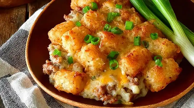 Sausage_Gravy_Breakfast_2_result Sausage gravy Breakfast tater tot casserole in a skillet with golden crispy topping
