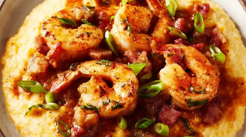 Creamy shrimp and grits served in a bowl with parsley garnish
