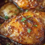 Slow Cooker Brown Sugar Garlic Chicken thighs cooked in garlic and brown sugar glaze in a slow cooker