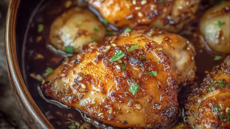 Slow Cooker Brown Sugar Garlic Chicken thighs cooked in garlic and brown sugar glaze in a slow cooker