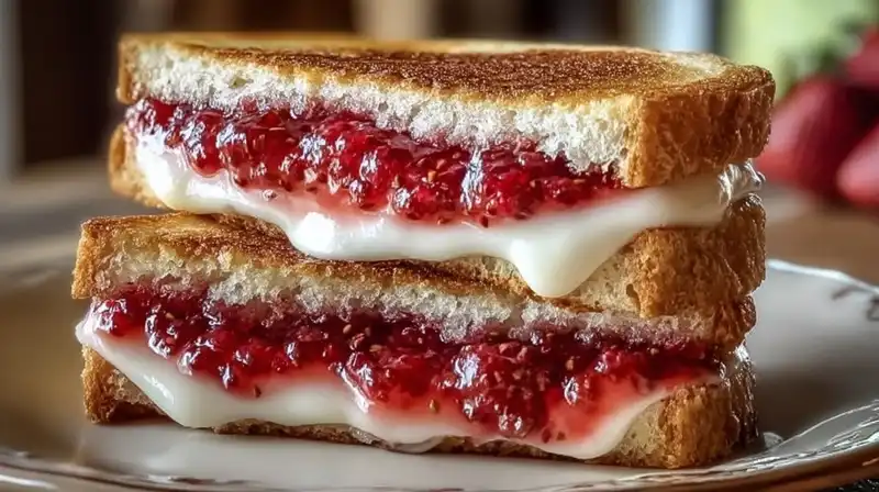Golden brown cheesecake-stuffed brioche sandwiches sliced open to reveal creamy strawberry filling