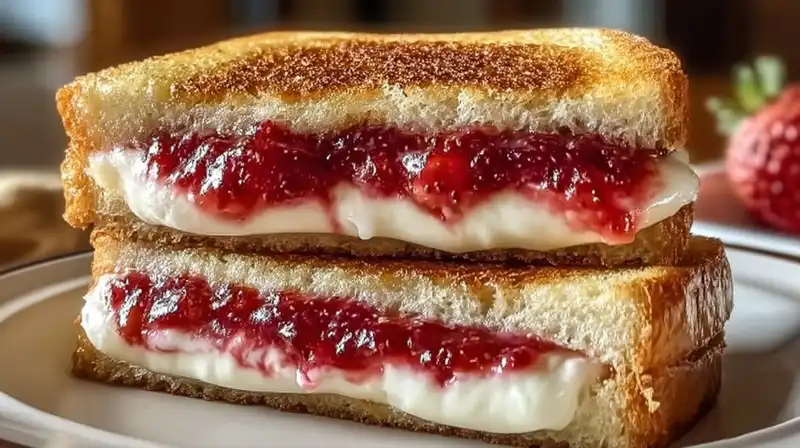 Strawberry_Cheesecake_2_result Freshly cooked strawberry cheesecake sandwiches dusted with powdered sugar on a white plate
