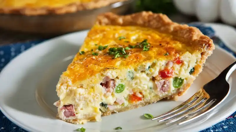 1. Western Omelet Quiche served golden and sliced with melted cheese