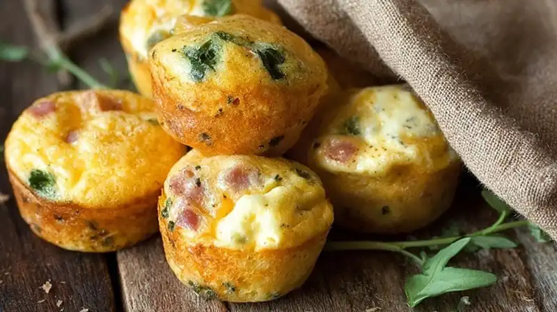 Close-up of golden, fluffy egg bites on a white serving plate